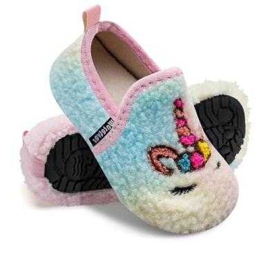 Imagem de WateLves Pantufas infantis para meninas e meninos, sapatos para casa, leves, antiderrapantes, para inverno, ambientes internos e externos, sapatos de caminhada, Rosa/azul, 12.5-13 Little Kid