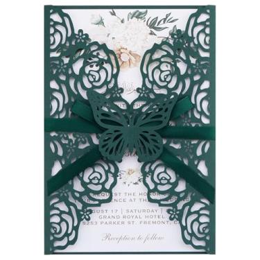 Imagem de Maffily Convites de casamento verde-esmeralda com envelopes e cartões Rsvp, cartões internos em branco, fitas, para chá de bebê de casamento, convites de festa de quinze anos, 50 conjuntos