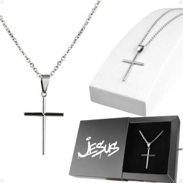 Imagem de cordão prata aço inoxidável + pingente crucifixo + caixa grumet casual fé inox cruz jesus