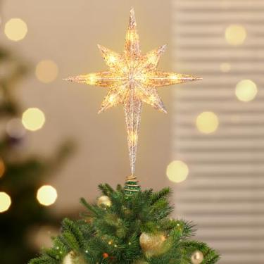 Imagem de Luxspire Topo de árvore de Natal, topo de árvore estrelada iluminado com plugue USB e controle remoto, decoração de Natal de LED de 25,4 cm, enfeite vintage de árvores de Natal para casa, estrela de