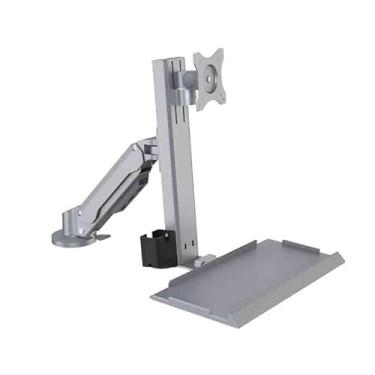 Imagem de hezhuhe2258 Suporte de monitor de braço único prateado com bandeja de teclado projetada ajustável para tela de 15 a 32 polegadas, capacidade de peso de 25 kg, braço de monitor, suporte de mesa