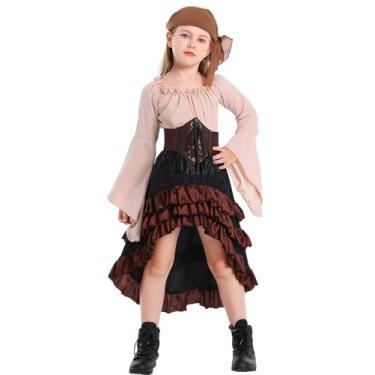 Imagem de SEAUR Saia de pirata renascentista para meninas com camisa medieval renascentista de manga comprida espartilho cinto lenço de cabeça, Bege, 12-14 Years