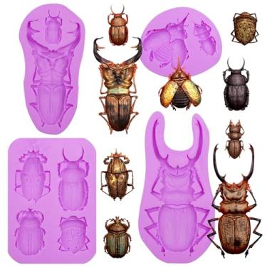 Imagem de Infovox Conjunto de moldes de silicone de besouro 3D, 4 peças de moldes de fondant com padrão de inseto, ferramentas de decoração de bolo roxo, grande de 12 a 14 cm de comprimento para artesanato em