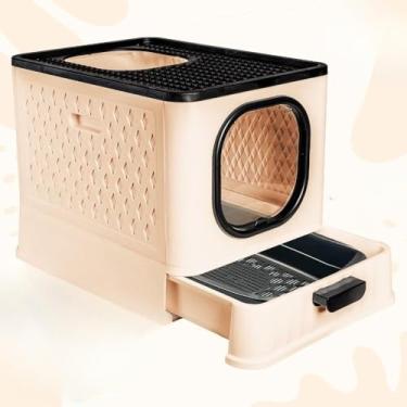 Imagem de Caixa de Areia Fechada Luxo para Gatos - Banheiro Pet com Porta Transparente, Gaveta e 2 Comedouros(SB LUXO + PENEIRA - NUDE)