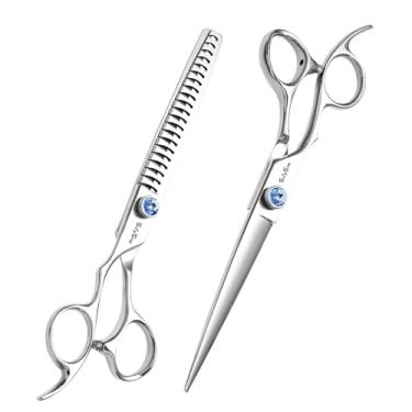 Imagem de 7 polegadas esquerda cão cuidado tesoura, japonês VG10 aço profissional animal de estimação tesoura, 18 dentes chunker com segurança sem ruído ponta blunt