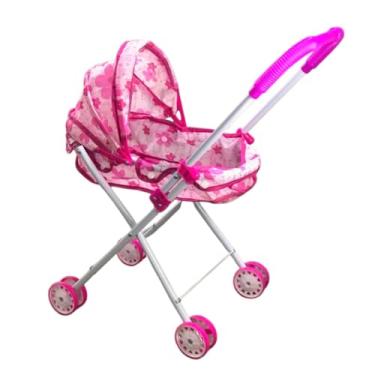 Imagem de Carrinho de Boneca Berço Dobrável, 4 Rodas, Estampa Floral Rosa, Estrutura em Alumínio
