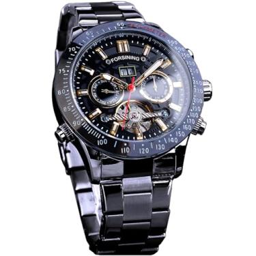 Imagem de FORSINING Relógio masculino Tourbillon mecânico com corda automática, calendário completo, calendário completo, taquímetro luminoso, multifuncional, relógio de pulso com pulseira de aço inoxidável com