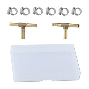 Imagem de 3 Ways Mangueira Redutor de farpa 2PS 1/10.2 cm Latão Barb Tee Conexões ID Mangueira Encaixe de tubulação em forma de T 3 vias União Interseção Encaixe Conector de T Farpado com 6 PCS Braçadeira de