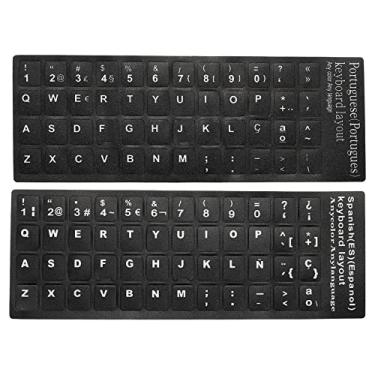 Imagem de Adesivos de teclado português e espanhol, pacote com 2 capas de substituição de teclado universal fosco para notebook, fundo preto letras brancas
