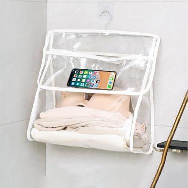 Imagem de Bolsa de pendurar para banheiro transparente com gancho de armazenamento de artigos de higiene pessoal bolsa de maquiagem para viagem banheiro impermeável roupas e toalhas penduradas, branco