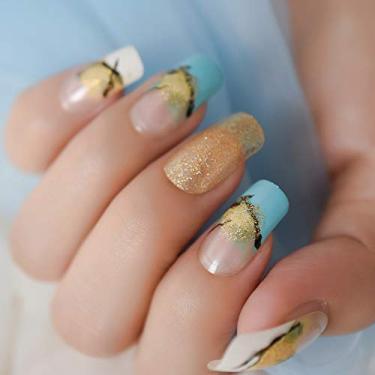 Imagem de Pregos quadrados longos com glitter mármore azul branco francês unhas unhas DIY com adesivo de cola para mulheres