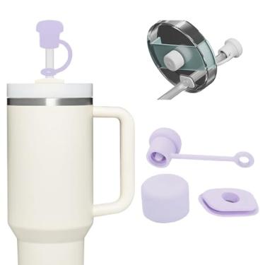 Imagem de Kit de tampas de palha, tampas à prova de poeira e derramamento para acessórios Stanley Cup 30/1,134 g, acessórios reutilizáveis para garrafa de água com capa inferior de bota de silicone (Roxo)