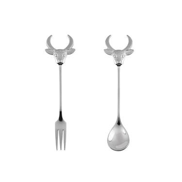 Imagem de Conjunto de 2 peças de garfo de colher de vaca de aço inoxidável de 13,8 cm de desenho animado, rena, café, sobremesa, utensílios de mesa de Natal, utensílios de cozinha para açúcar, chá, bebida