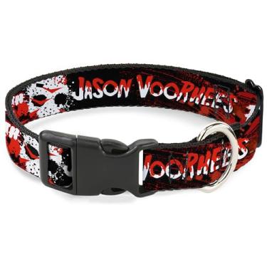 Imagem de Warner Bros. Coleira para animais de estimação, coleira de cachorro, fivela de plástico, máscara de Jason Voorhies Sexta-feira 13, texto preto, vermelho, branco, 50 a 79 cm de largura