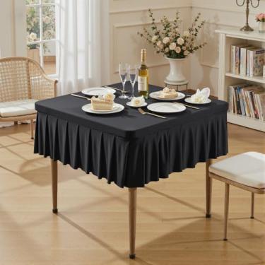 Imagem de Toalhas de mesa pretas de elastano para mesas quadradas de 86 x 86 cm, roupas de mesa elásticas com saia plissada com babados para mesa de 86 cm, sem rugas e elásticas, para festa, cozinha, casa