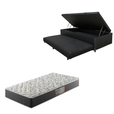 Imagem de Cama Box Baú Solteiro com Auxiliar (Bicama) + Colchão de Espuma D33 17cm | Kit Completo com Cabeceira Botonê Opcional | Diversas Cores (2, CORINO PRETO, SEM CABECEIRA)