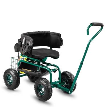 Imagem de Outvita Carrinho de jardim, scooter de jardim para uso externo com assento giratório ajustável de 360 graus, alça extensível, bandeja de ferramentas e cesta de armazenamento, banco de jardinagem para