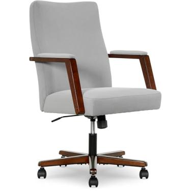 Imagem de Finch Cadeira Neo One Back Office em estofamento de veludo macio, assento acolchoado de espuma média, apoios de braços de madeira acolchoados e base giratória, cadeira de mesa moderna de meados do