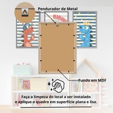 Imagem de Kit Quadros Infantil Dinossauro Kids 20x30 3 Peças Titulo Moldura Amarela