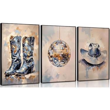 Imagem de 3 peças de arte de parede de cowgirl costeira impressões de vaqueira ocidental decoração de parede de bola de discoteca imagens de pôster azul preppy impressão de cowboy azul para dormitório feminino
