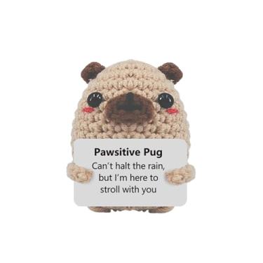 Imagem de Adorável Pug crocheted à mão – Acompanhante de apoio emocional positivo de 7,5 cm com cartão motivacional, decoração divertida de cachorrinho de mesa para escritório/casa, presente para amigos/colegas