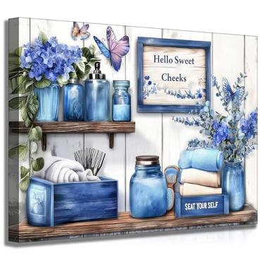 Imagem de Arte de parede azul marinho casa de banho casa de banho flores azuis e borboletas pintura imagem decoração de parede pôster impressão arte banheiro banheiro banheiro decoração de casa