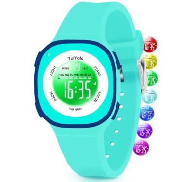 Imagem de TixYolo Relógio digital infantil com 7 luzes coloridas à prova d'água, alarme, cronômetro, pulseira macia, presente para crianças, relógio esportivo para meninos e meninas de 5 a 12 anos, Azul - G