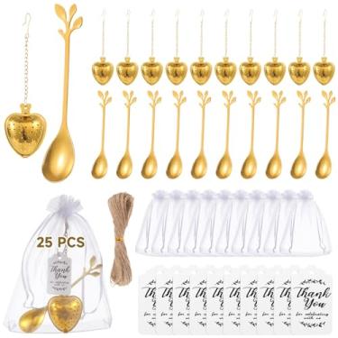 Imagem de LUMINFLY Conjunto de 25 lembrancinhas de chá para chás de panela com infusores de coração, colheres de folhas, sacos de organza e cartões de agradecimento