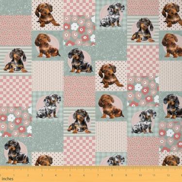 Imagem de Erosebridal Tecido 3D Dachshund por jarda, tecido de estofamento de cachorro fofo para cadeiras de sofá, patchwork desenho margarida floral impermeável decoração ao ar livre, marrom rosa petróleo, 1