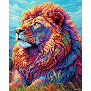Imagem de VNUIEHG Pintura por números para adultos leão, pintura a óleo faça você mesmo, tinta acrílica colorida por números, kits para adultos iniciantes para decoração de parede de casa 41 x 50 cm
