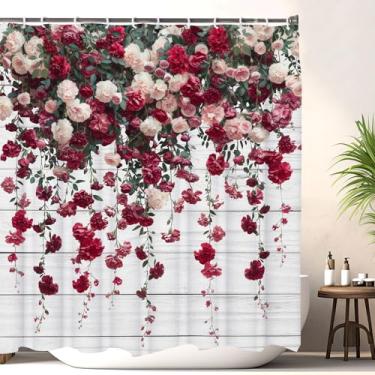 Imagem de LKFBSC Cortina de chuveiro floral floral, rosa vermelha, eucalipto, tecido rústico, conjunto de cortinas de chuveiro com folhas florais boho com ganchos, decoração de casa de fazenda 183 x 182 cm