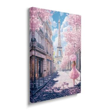 Imagem de Arte de parede em tela da Torre Eiffel de Paris, imagens de Paris, pintura de arte em flor de cerejeira, impressões da Torre Eiffel, arte moderna para banheiro, sala de estar, quarto, escritório