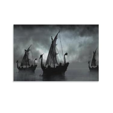 Imagem de Barcos de fantasia no lago enevoado, tela de navio pirata vikings impressão de pôster pinturas modernas 12 x 18 polegadas (30 x 45 cm)