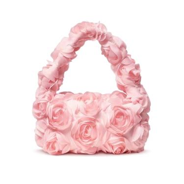 Imagem de OOAAVVJL Pequenas bolsas florais com alça superior para mulheres, mini bolsa de noite com flores 3D elegante para casamento, noiva, formatura, festa, rosa, 8 x 4 x 3 inches
