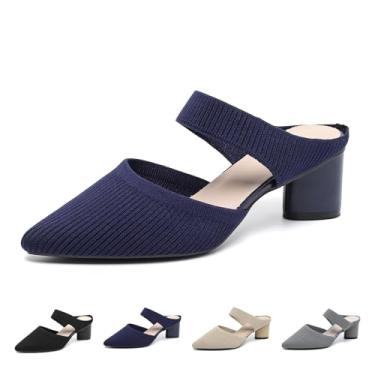 Imagem de Sandália feminina de malha bico fino salto grosso moda malha respirável bico fechado frente única salto bloco slip on elegante verão casual trabalho escritório casamento sandálias de salto, Azul, 40