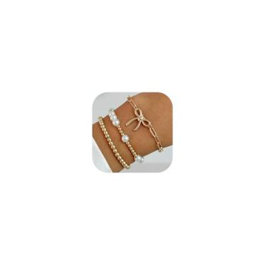 Imagem de HUASAI Conjunto de pulseiras de ouro para mulheres, pulseira com laço com contas, não mancha, grosso, elástico, clipe de papel, cruz, pérola, conjunto de joias de Natal, presentes para meninas