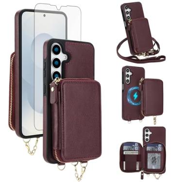 Imagem de Capa de telefone para Samsung Galaxy S25 FE 5G carteira com zíper e protetor de tela, alça transversal 2 em 1 magnética destacável bloqueio RFID flip S 25 EF S25FE 25S 25FE feminino vinho vermelho