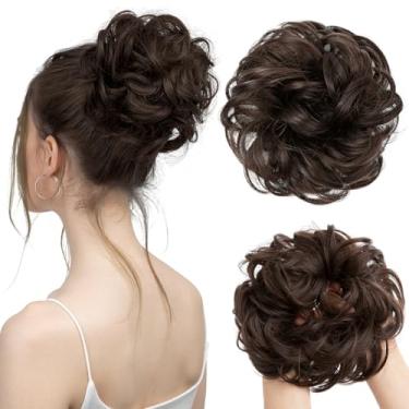 Imagem de Pedaços de cabelo bagunçados para coque de cabelo ondulado cacheado sintético rabo-de-cavalo falso para mulheres marrom escuro