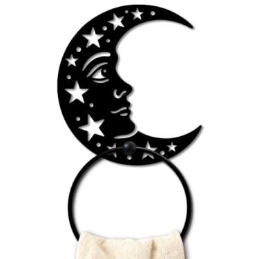 Imagem de MAYJOYDIY Anel de toalha de metal lua crescente, rosto de lua redonda, com suporte de toalha de estrela, suporte de parede, preto, vintage, organizador de parede, para cozinha, banho, casa, lavanderia