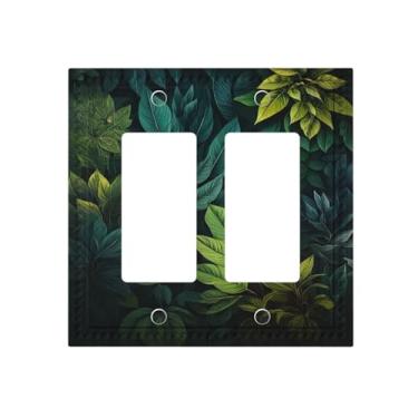 Imagem de HLCoChT Capas de interruptor de luz de arte decorativa Folhas verdes na calada da noite 2 Gang Dual Rocker Outlet Switch Plate Faceplate GFCI