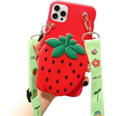 Imagem de SGVAHY Capa carteira para iPhone 16e com cordão de alça fofa bolsa de moedas de morango capa de telefone engraçada Kawaii, capa de silicone macio à prova de choque para mulheres e meninas