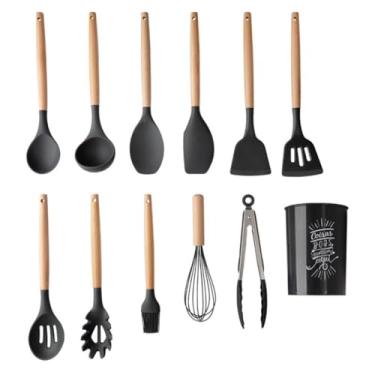 Imagem de Kit 12 Utensílios De Cozinha Em Silicone E Cabo De Madeira Jogo De Utensílios Resistente ao Calor Antiaderente Premium Colheres Copo Suporte