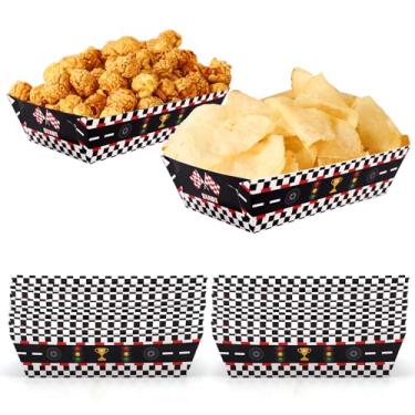 Imagem de 24un Bandejas Alimentos Carros de Corrida, Bandejas Xadrez Preto e Branco para Servir Alimentos Artigos Divertidos Festa com Tema de Corrida Ideais para Cachorro-Quente Pipoca Batata Frita