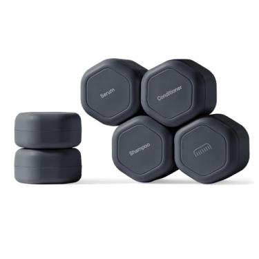 Imagem de Cadence Recipientes de viagem – Conjunto de 6 peças para cuidados com o cabelo – Cápsulas magnéticas de viagem – 2 cápsulas pequenas e 4 médias – xampu, condicionador, condicionador sem enxágue, pente