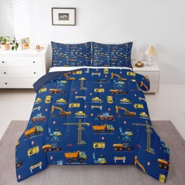 Imagem de jejeloiu Jogo de cama solteiro com estampa de escavadeira, caminhões, tratores, carros, para crianças, meninos, meninas, decoração de quarto, microfibra, 2 peças com 1 fronha