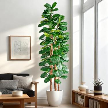 Imagem de Folha de violino artificial, figueira, 2 m, figueira sintética para ambientes internos com tronco de madeira natural e folhas realistas com vaso de musgo, árvore de ficus falsa, grande planta de chão