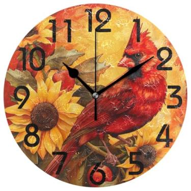 Imagem de ZzWwR Lindo relógio de parede redondo com arte de girassol cardeal de 25 cm, relógio de mesa analógico silencioso sem tique-taque para cozinha doméstica/sala de estar/quarto/banheiro/escritório