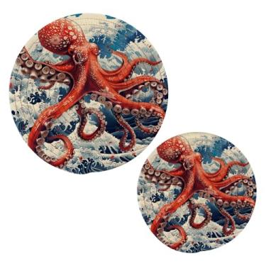 Imagem de Blueangle 2 peças de suporte de panela de polvo vermelho - conjunto de pegadores de panela de tecido redondo - almofadas quentes trançadas de algodão - porta-copos - tapetes de mesa para cozinhar e