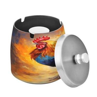 Imagem de Blueangle Cinzeiro de galo colorido com tampa para cigarros, à prova de vento/chuva, aço inoxidável, sem fumaça, inodoro, cinzeiro para uso interno ou externo (465)