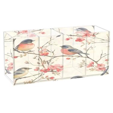 Imagem de SEHANY Lindo porta-canetas de acrílico com flores em aquarela, pássaro, 4 compartimentos, porta-lápis transparente, organizador de pincéis de maquiagem, organizador de papelaria para escritório, casa